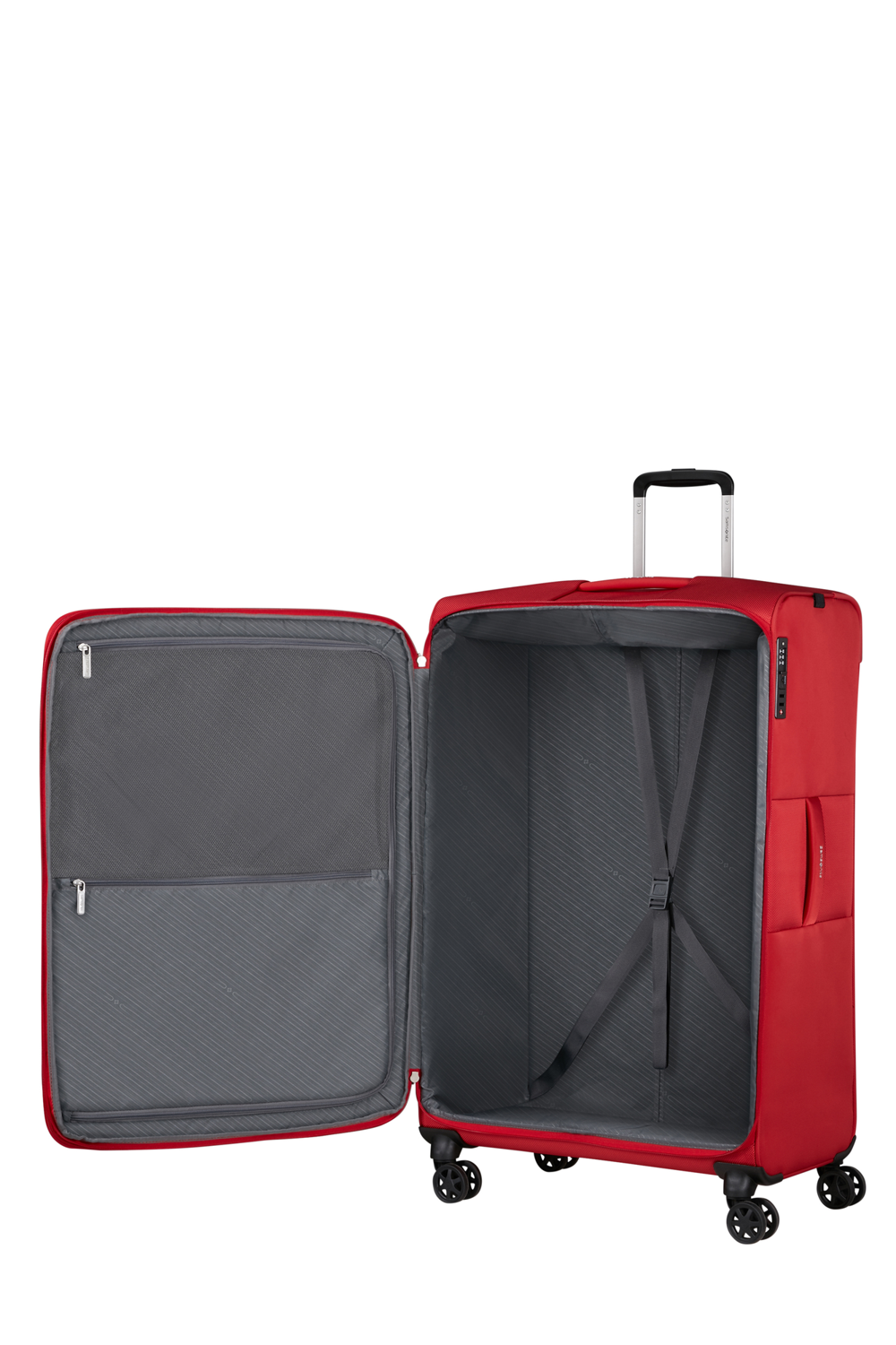 Int&eacute;rieur de la Samsonite Base Breeze 81 cm Rouge, sangles et compartiments ouverts