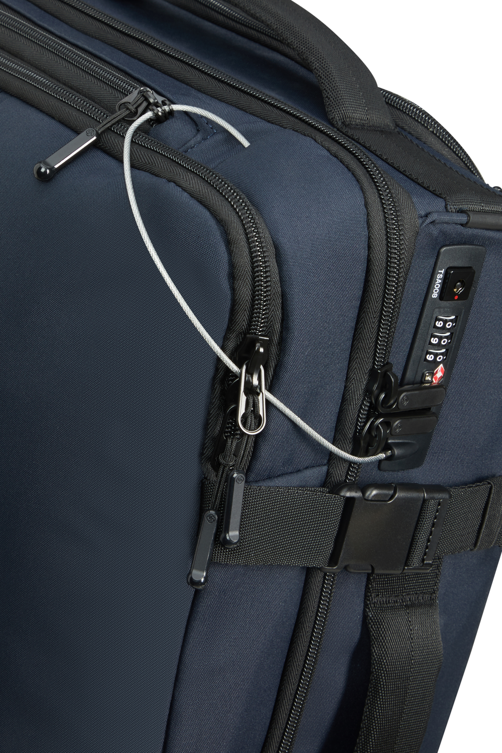 Serrure TSA et câble reliant les fermetures du sac roulant Samsonite Securipak 2.0 bleu foncé