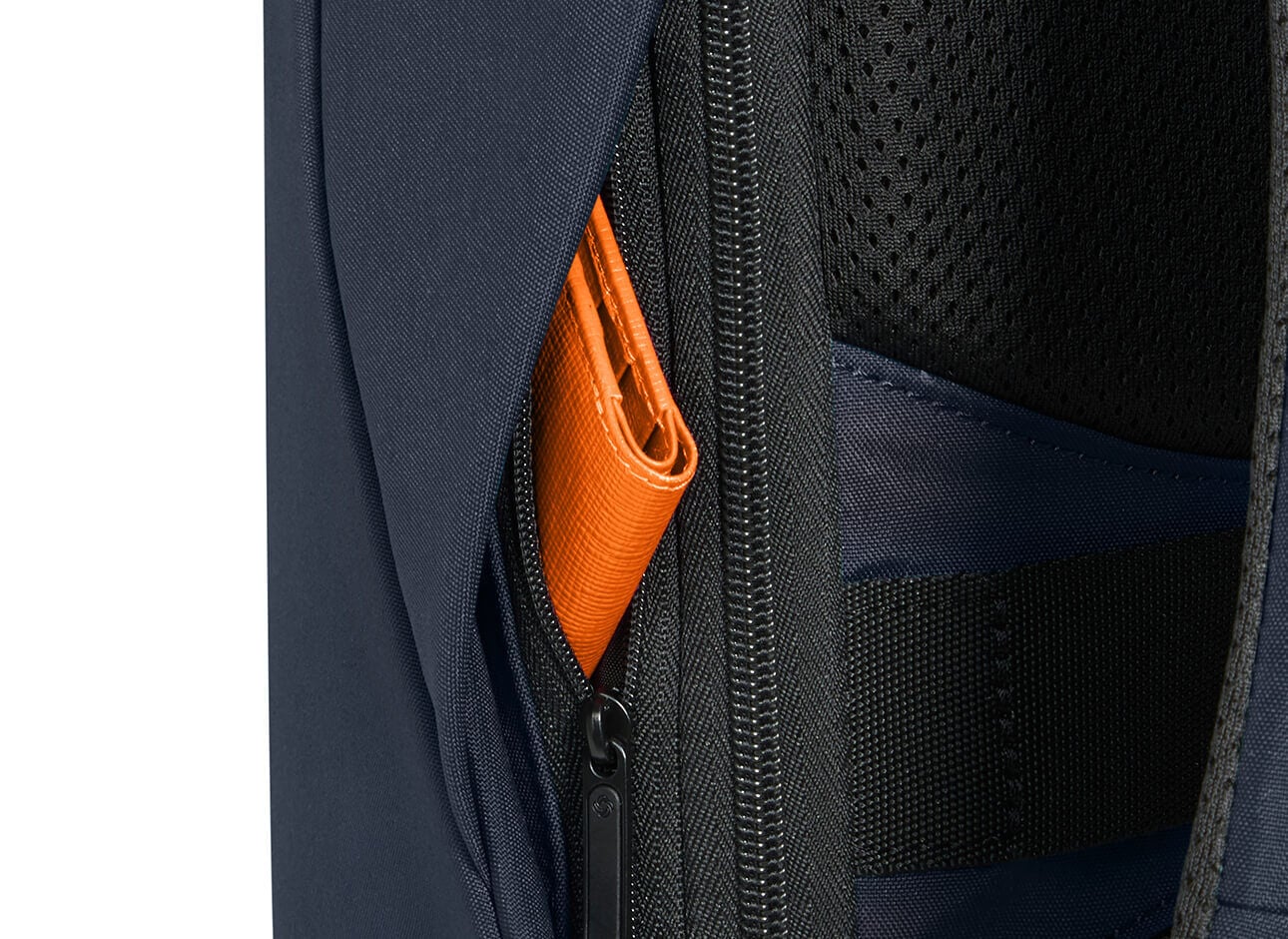 Poche cachée d’un sac Samsonite Securipak 2.0 avec un portefeuille orange