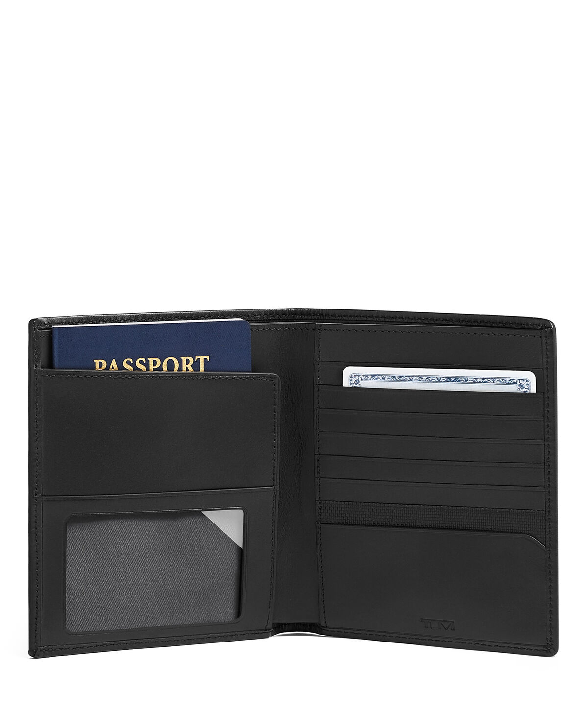 &Eacute;tui TUMI Alpha ouvert montrant la poche passeport et les emplacements pour cartes