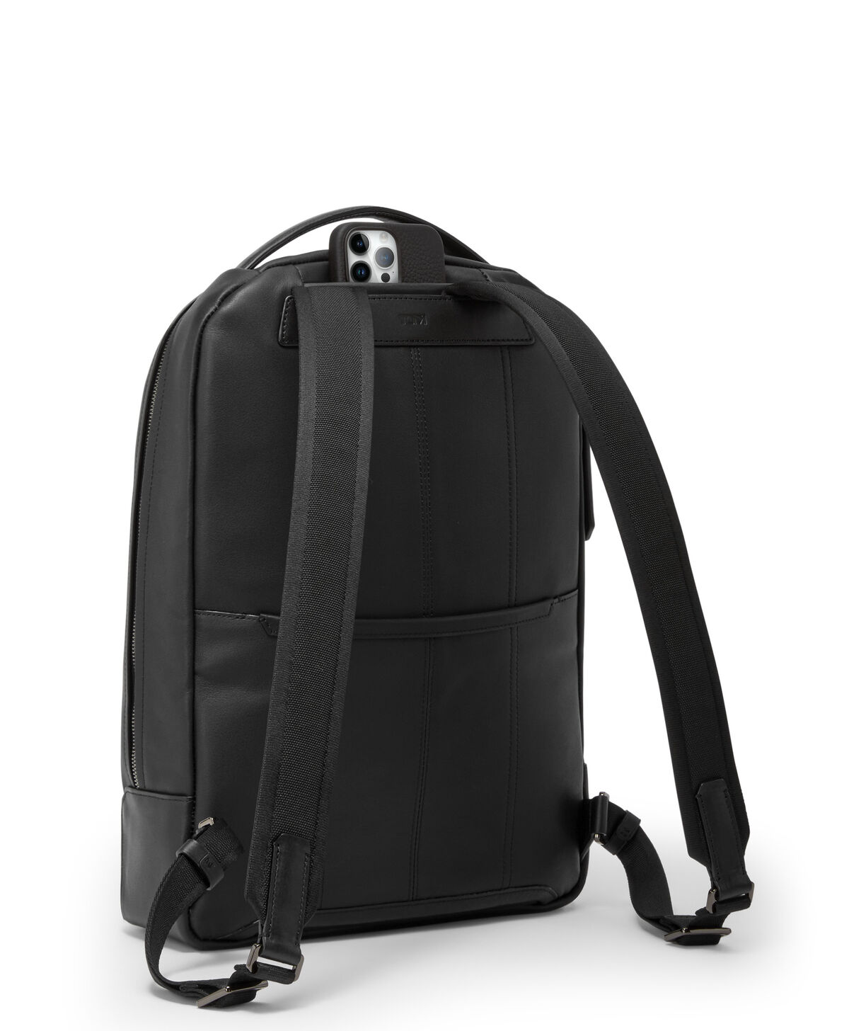 Dos et bretelles du sac à dos TUMI Harrison Bradner en cuir noir