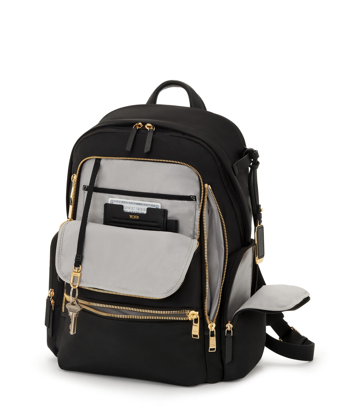 Compartiment informatique et poches du sac TUMI Voyageur Celina Black Gold