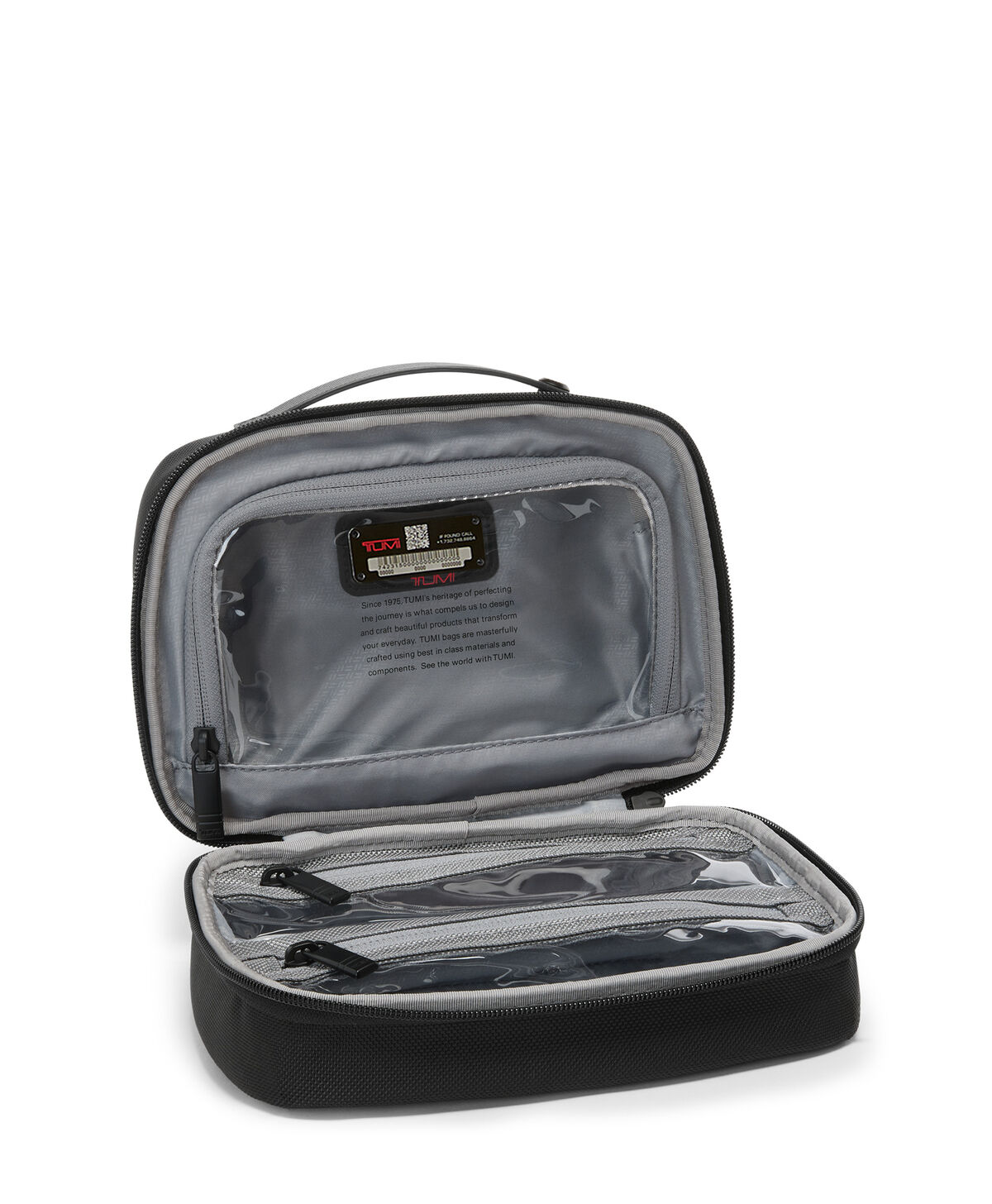 Trousse TUMI Alpha Split ouverte avec poches transparentes