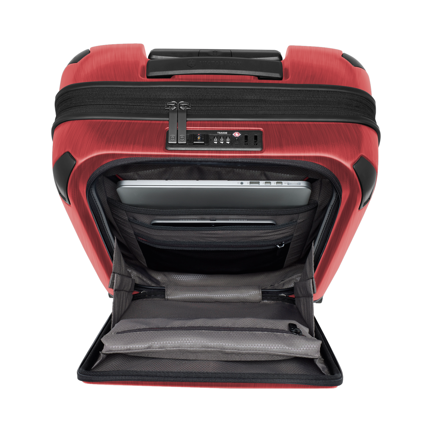Victorinox Spectra Pro 55/40 cm Rouge Victorinox, compartiment avant ouvert avec un ordinateur dans son rangement