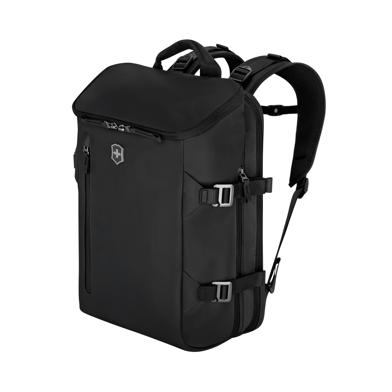 Sac &agrave; dos Commuter 15,6 pouces Victorinox Touring noir &ndash; vue de trois quarts avec poche avant et sangles lat&eacute;rales