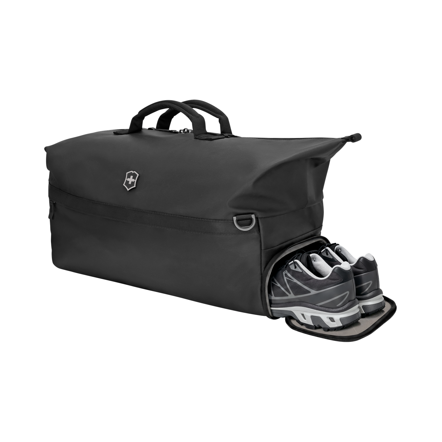 Sac de voyage 70cm Victorinox Touring noir &ndash; compartiment lat&eacute;ral ouvert avec une paire de chaussures