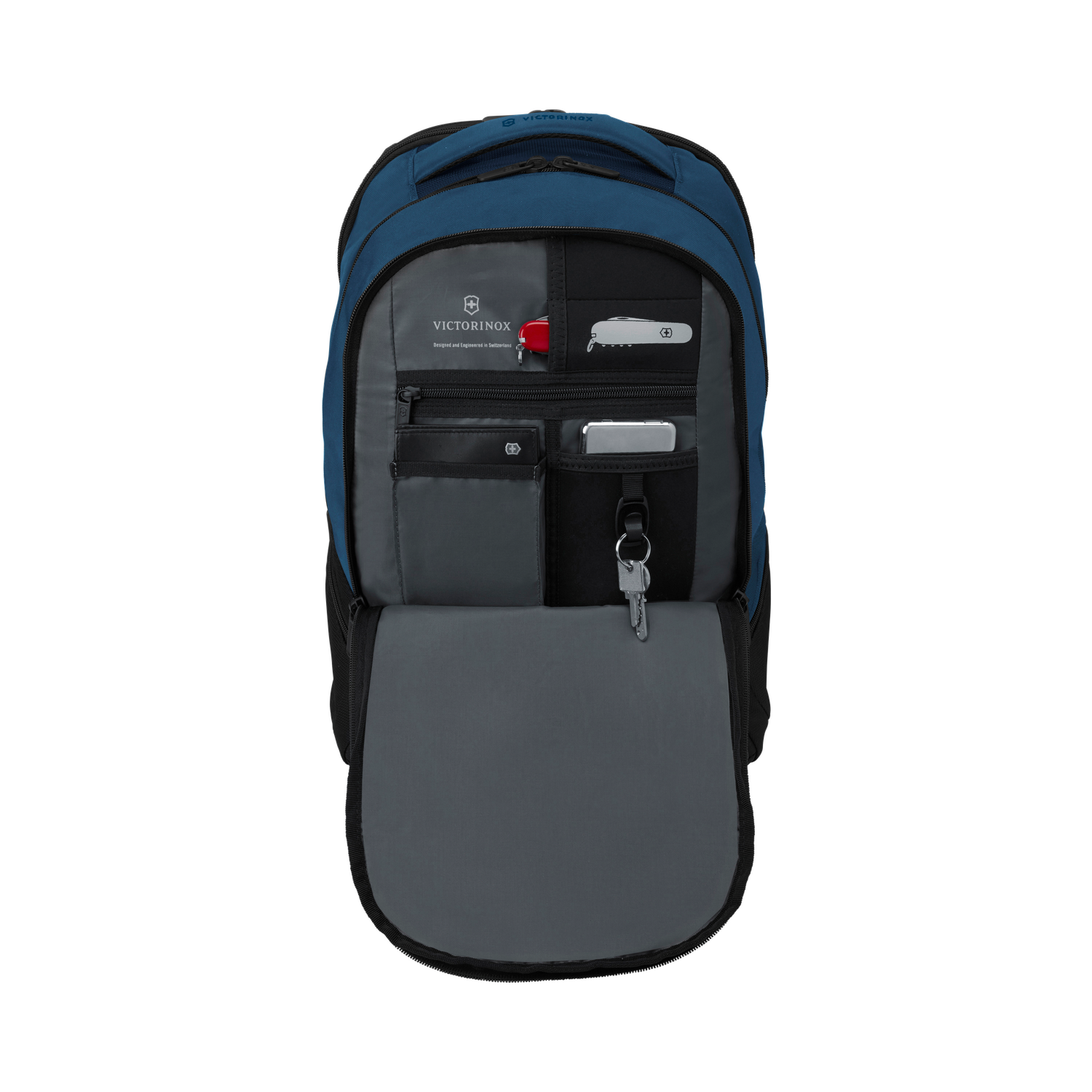 Victorinox VX Sport EVO Deluxe Bleu, organiseur frontal ouvert, poches et attache-clés